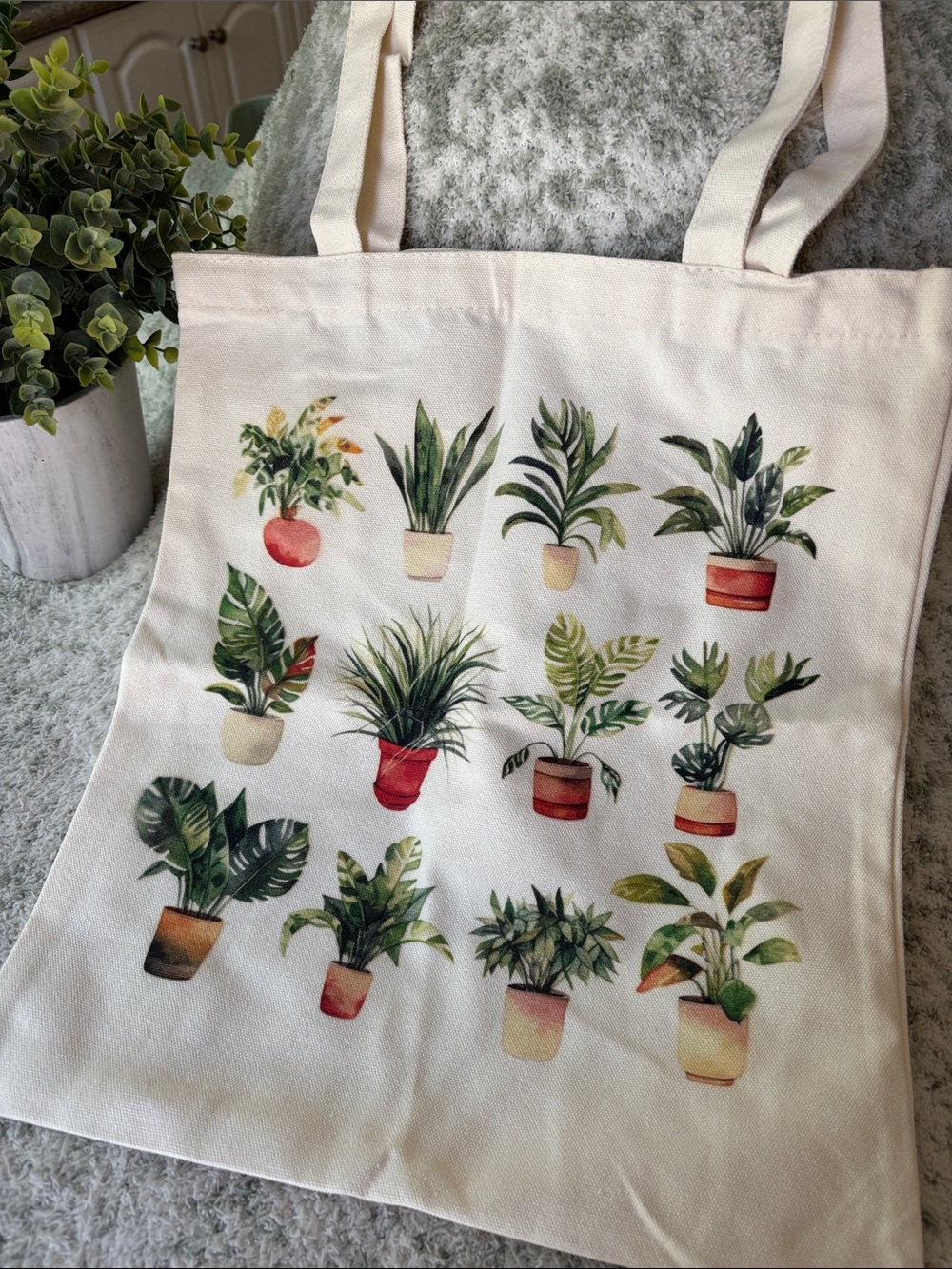 Watercolor Potted Plants Cotton Canvas Tote Bag NWT 13.5”x 15.25”